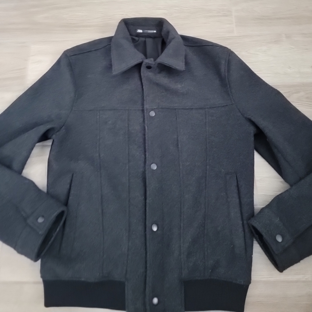 Zara Black Wool Blend Pocket Jacket With Elastic Waist Band Mens Small